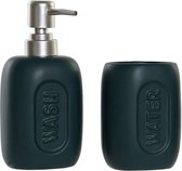 Badkamerset zeeppompje en beker/tandenborstelhouder donkergroen polystone 17 cm - badkamer accessoires