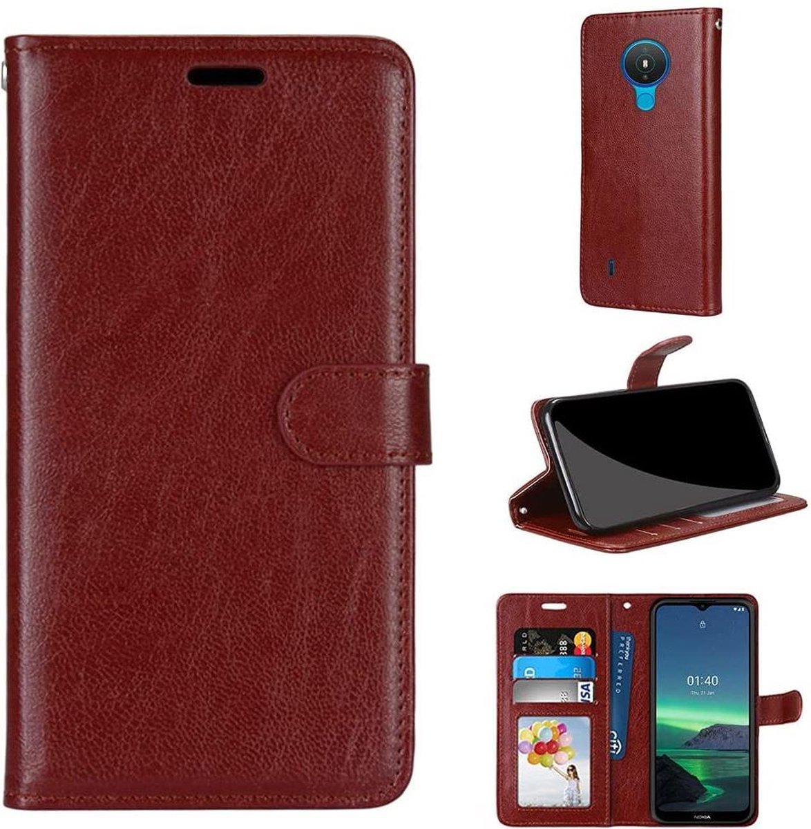 Bookcase Geschikt voor: Nokia 1.4 - Bruin - portemonnee hoesje