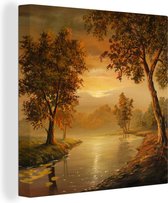 Canvas Schilderij Herfst - Landschap - Olieverf - 20x20 cm - Wanddecoratie