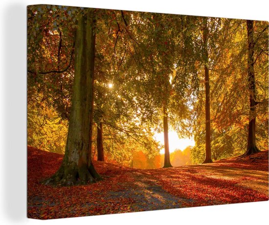 Canvas schilderij 180x120 cm - Wanddecoratie Herfst - Bos - Bladeren - Muurdecoratie woonkamer - Slaapkamer decoratie - Kamer accessoires - Schilderijen