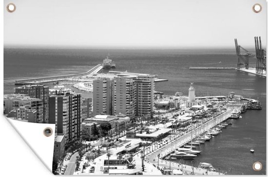 Muurdecoratie Een luchtfoto van de haven van Málaga Spanje - zwart wit - 180x120 cm - Tuinposter - Tuindoek - Buitenposter