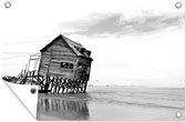 Muurdecoratie Verlaten hut op het strand - zwart wit - 180x120 cm - Tuinposter - Tuindoek - Buitenposter