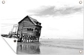 Tuinposters buiten Verlaten hut op het strand - zwart wit - 90x60 cm - Tuindoek - Buitenposter
