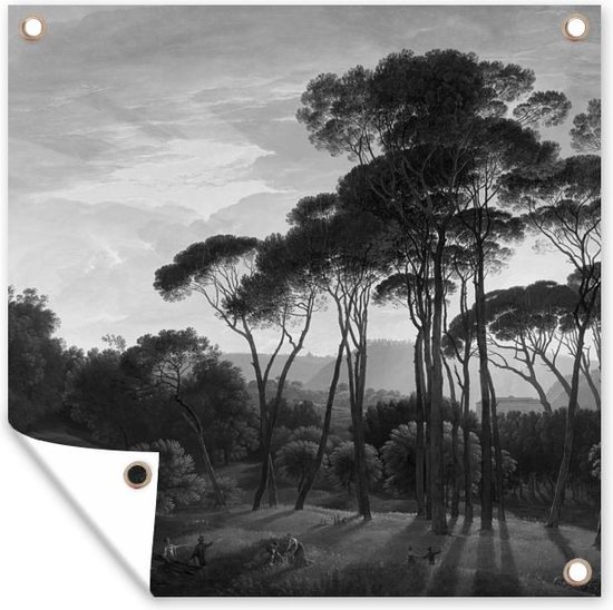 Tuindoek Italiaans landschap met parasoldennen - Schilderij van Hendrik Voogd - zwart wit - 100x100 cm
