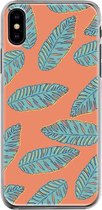 Apple iPhone X/10/XS Telefoonhoesje - Transparant Siliconenhoesje - Flexibel - Met Plantenprint - Tropische Blaadjes - Oranje