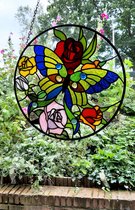 Jewels Delight Glaspaneel Tiffany Vlinder Bloemen Handgemaakt Glasatelier Rond