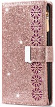 Samsung Galaxy A72 Luxe Glitter Book Case Hoesje met Koord - Bloemenpatroon - Magnetische Sluiting - Portemonnee met Rits - Pasjeshouder - Samsung Galaxy A72 - Rose Goud