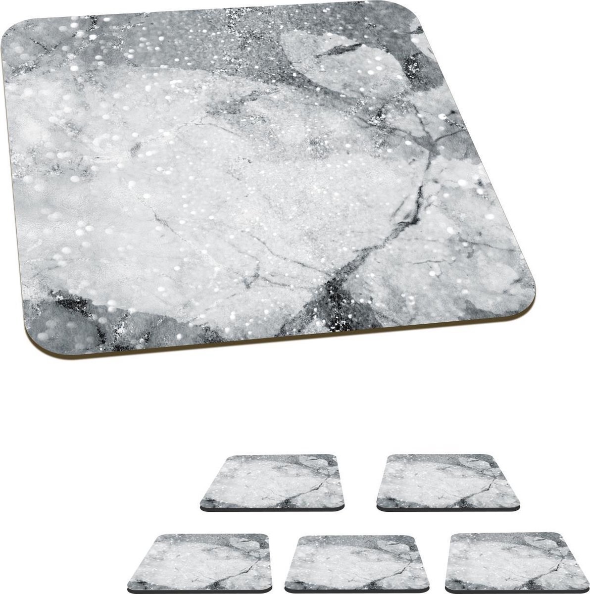 Onderzetters voor glazen - Marmer - Glitter - Grijs - 10x10 cm - Glasonderzetters - 6 stuks