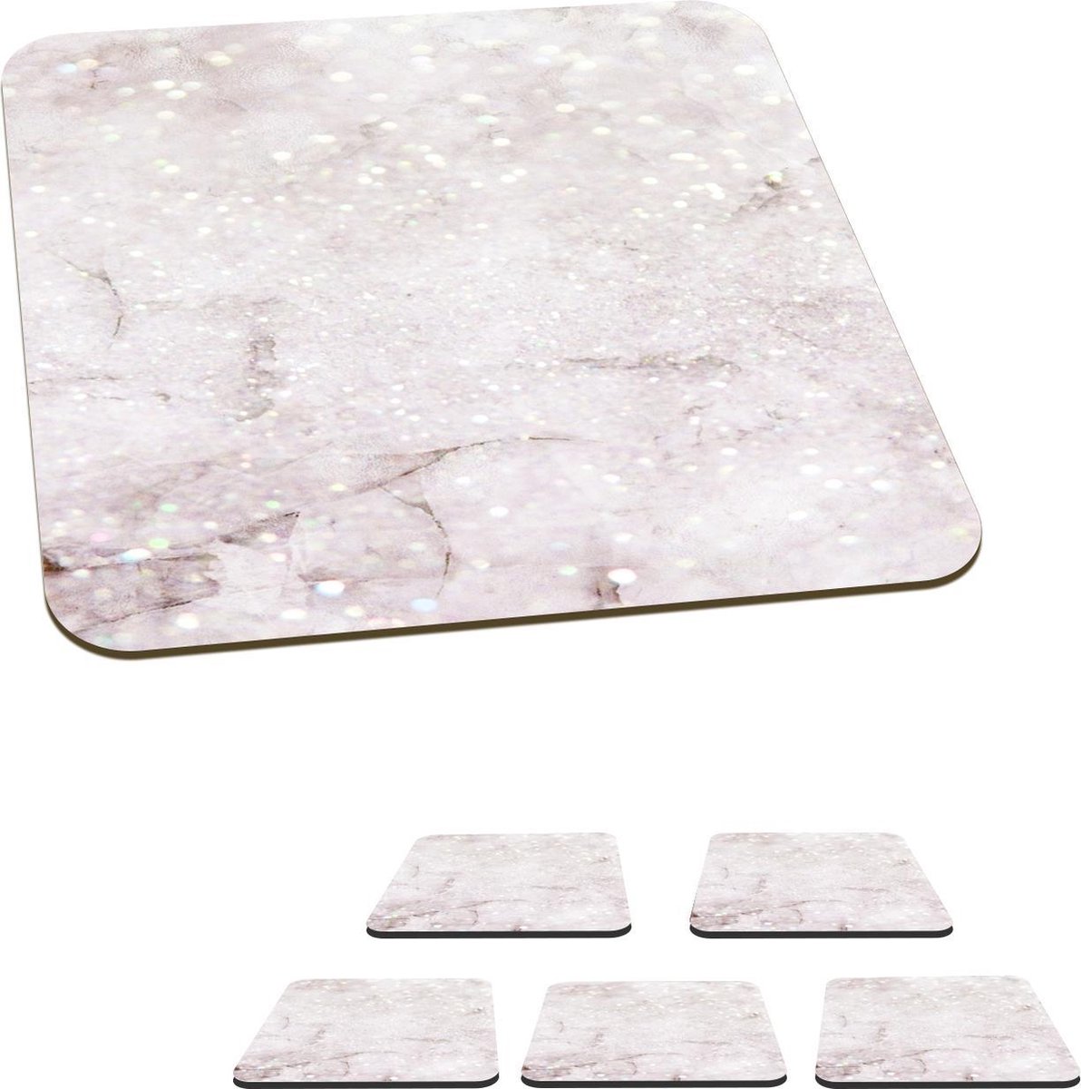 Onderzetters voor glazen - Marmer - Roze - Glitter - 10x10 cm - Glasonderzetters - 6 stuks