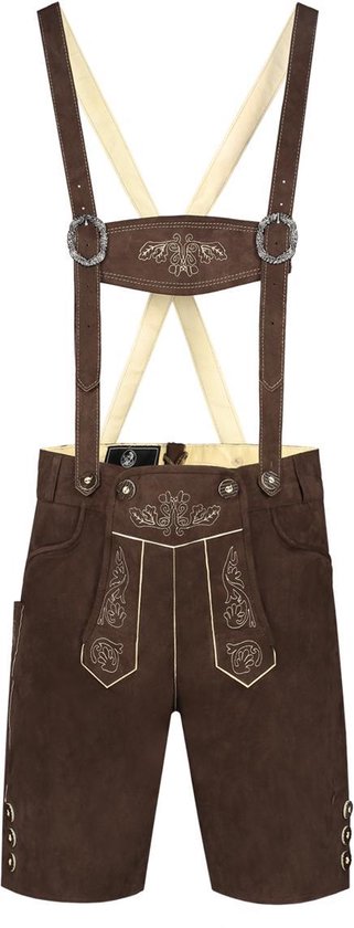 Donkerbruine korte lederhosen met geborduurde details, gespen op de bretels en knopen aan de onderkant van de pijpen.