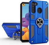 Voor Samsung Galaxy A21 koolstofvezelpatroon pc + TPU-beschermhoes met ringhouder (donkerblauw)