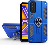 Koolstofvezelpatroon PC + TPU-beschermhoes met ringhouder voor vivo Y20 (donkerblauw)