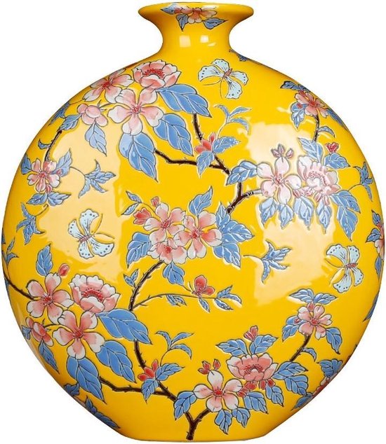Fine Asianliving Chinese Vaas Porselein Geel Bloemen Handgeschilderd B32xD12xH34cm