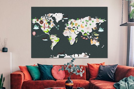 Décoration murale Métal - Peinture Aluminium - Wereldkaart - Enfants - Animaux - 150x100 cm
