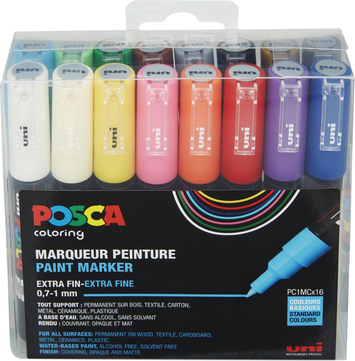 Krijtstift – Fineliner – Universele Marker – Standaard Kleuren – Uni Posca Marker – PC-1M – 0,7mm – 16 stuks