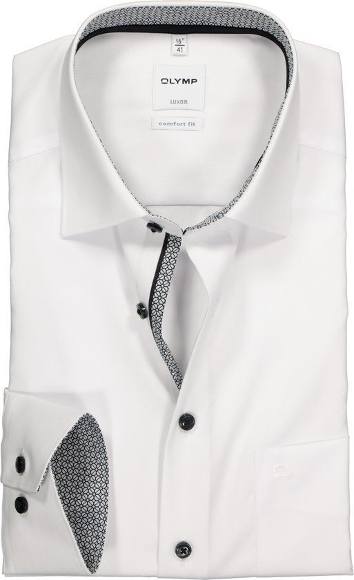 OLYMP Luxor comfort fit overhemd - wit (zwart contrast) - Strijkvrij - Boordmaat: