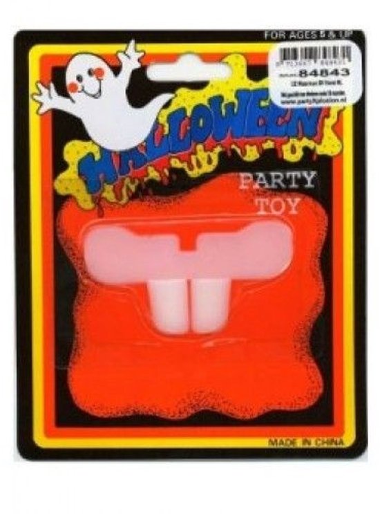 Verpakking met een witte 'hazentanden' party toy, met een lachende geest en 'Halloween' tekst.