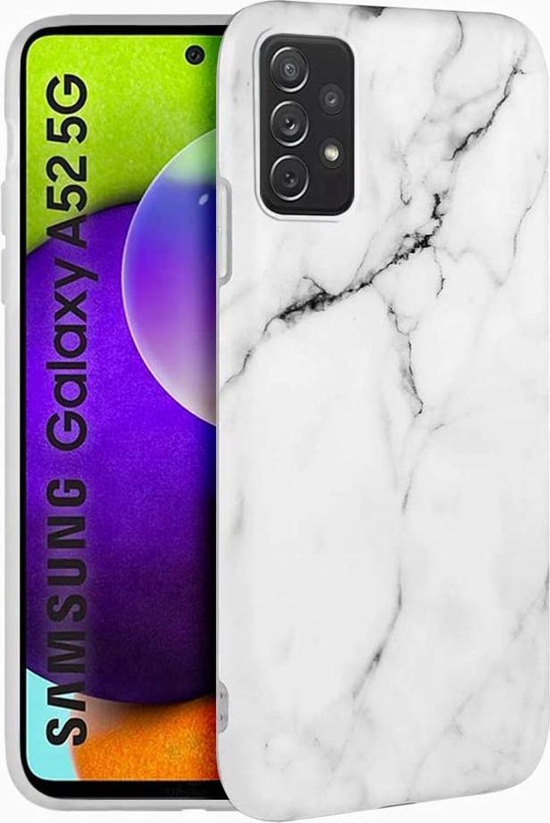 Geschikt voor Samsung Galaxy A52 hoesje - Wit / Zwart - Marmer - Soft TPU