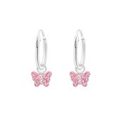 Oorbellen meisje zilver | oorringen met hanger, roze vlinder met kristallen