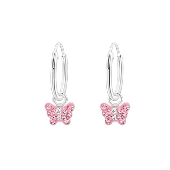 Boucles d'oreilles fille argent | Boucles d' Boucles d'oreilles avec pendentif, papillon rose avec cristaux
