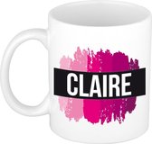 Claire  naam cadeau mok / beker met roze verfstrepen - Cadeau collega/ moederdag/ verjaardag of als persoonlijke mok werknemers