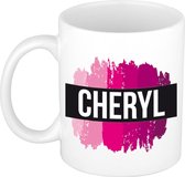 Cheryl  naam cadeau mok / beker met roze verfstrepen - Cadeau collega/ moederdag/ verjaardag of als persoonlijke mok werknemers