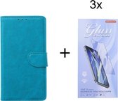 Motorola Moto E7i Power - Bookcase Turquoise - portemonee hoesje met 3 stuk Glas Screen protector