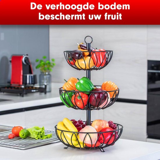 Fouvin Fruitmand met 3 etages van metaal voor meer ruimte op het plan, houdt groenten en fruit vers fruitstandaard met 3 opbergschalen