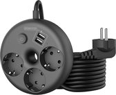 Stekkerdoos 5 meter - Zinaps 3-way Power Strip 5 m Surge Protection Round Multiple Socket Wall Mounted met 2 USB-poorten en lange verlengkabel voor kantoor, slaapkamer, reizen zwart (multi-wa