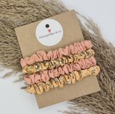 Scrunchies - set - geel - groen - beige - zwart/wit - bloemen - scrunchie - elastiek