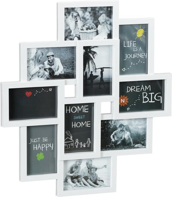 Witte fotolijst met 9 vakken, waarvan 3 met tekst: 'LIFE IS A JOURNEY', 'HOME SWEET HOME', 'DREAM BIG'.