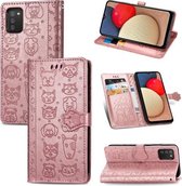 Voor Galaxy A03S Leuke Kat en Hond Reliëf Horizontale Flip Lederen Case met Houder & Kaartsleuven & Portemonnee & Lanyard (Rose Goud)