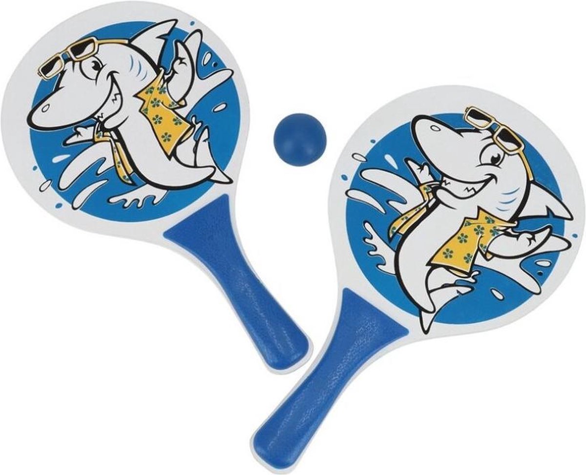 Houten beachball set blauw met haaien print - Strand balletjes - Rackets/batjes en bal - Tennis ballenspel - Gerim