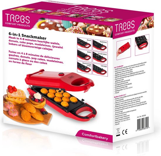 Trebs Snackmaker - Wafels Donuts Cake Pops Koekjes en meer - 6-in-1 Wafelijzer met recepten - 99356 - Rood van Trebs — afbeelding 5