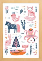 JUNIQE - Poster in houten lijst Patchwork Animals -60x90 /Roze & Wit