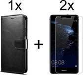 Huawei P10 Lite hoesje bookcase met pasjeshouder zwart wallet portemonnee book case cover - 2x Huawei P10 Lite screenprotector