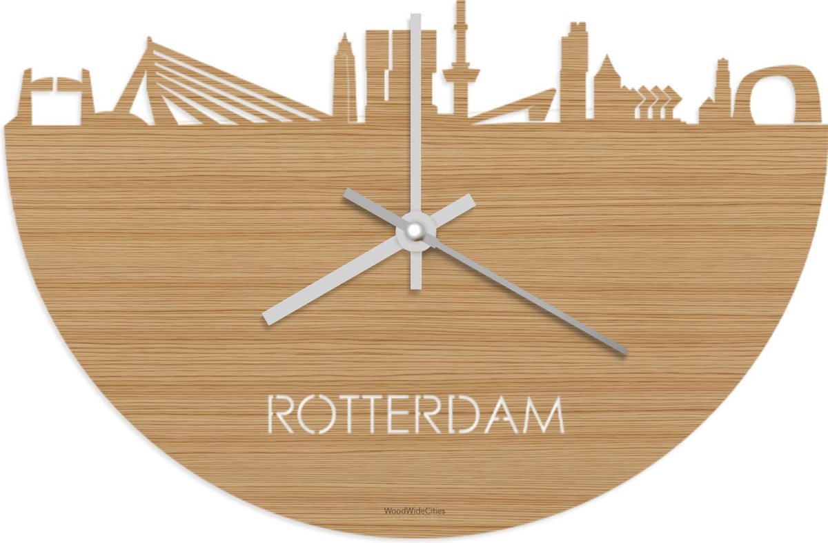 Skyline Klok Rotterdam Bamboe hout - Ø 40 cm - Stil uurwerk - Wanddecoratie - Meer steden beschikbaar - Woonkamer idee - Woondecoratie - City Art - Steden kunst - Cadeau voor hem - Cadeau voor haar - Jubileum - Trouwerij - Housewarming -