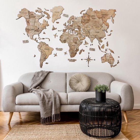 Carte du monde en bois 3D Foncée