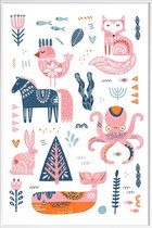 JUNIQE - Poster in kunststof lijst Patchwork Animals -30x45 /Roze &