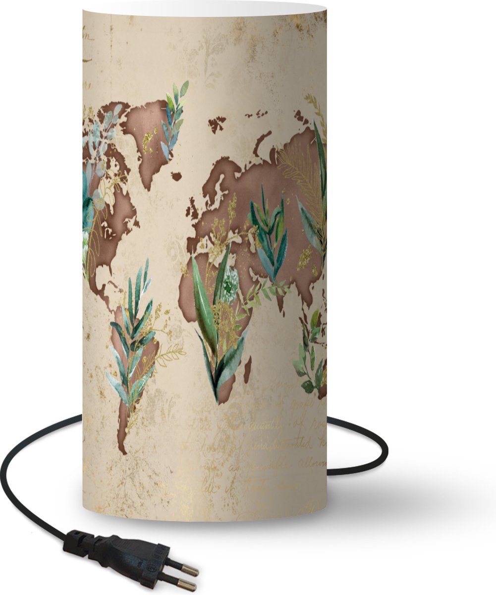 Lamp - Nachtlampje - Tafellamp slaapkamer - Wereldkaart - Retro - Planten - 33 cm hoog - Ø15.9 cm - Inclusief LED lamp