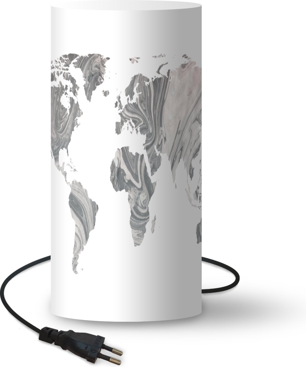 Lamp - Nachtlampje - Tafellamp slaapkamer - Wereldkaart - Verf - Grijs - 33 cm hoog - Ø15.9 cm - Inclusief LED lamp