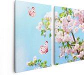 Artaza Toile Peinture Diptyque Deux Papillons Roses Aux Fleurs Roses - 80x60 - Image Sur Toile - Impression Sur Toile