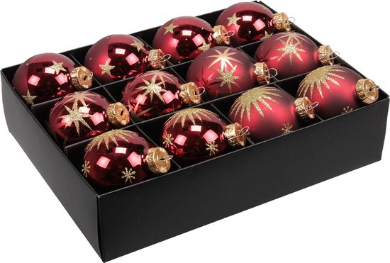 12x stuks luxe glazen gedecoreerde kerstballen donkerrood 7,5 cm - Luxe glazen kerstballen - kerstversiering
