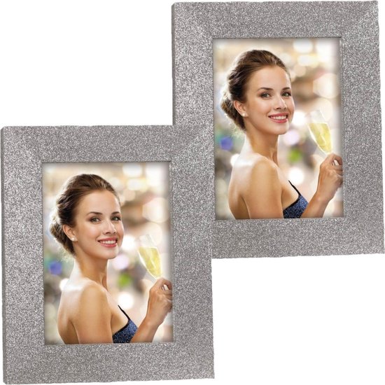 2x stuks houten fotolijstje zilver met glitters 21 x 25 cm geschikt voor een foto van 15 x 20 cm