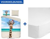 Luxe Dekbedovertrek Eenpersoons - 140x200/220cm - Inclusief 1 Kussensloop - 100% Zacht Polyester - Cool Giraffe + Zachte Katoenen Hoeslaken - 90x200cm - Wit