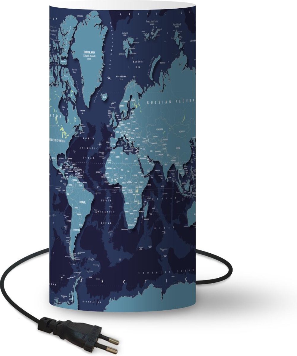 Lamp - Nachtlampje - Tafellamp slaapkamer - Wereldkaart - Abstract - Blauw - 33 cm hoog - Ø15.9 cm - Inclusief LED lamp