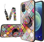 Voor Samsung Galaxy A71 Geschilderd Etnisch Patroon Gehard Glas TPU Schokbestendig Hoesje met Opvouwbare Magnetische Houder & Nekband (Kleurrijk)