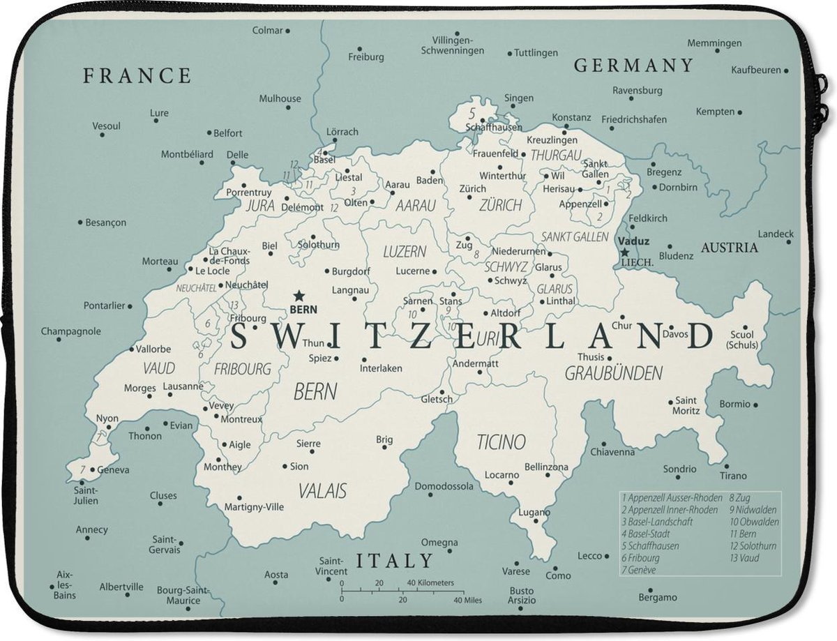 Laptophoes 17 inch - Vintage kaart van Zwitserland - Laptop sleeve - Binnenmaat 41x28 cm - Zwarte achterkant