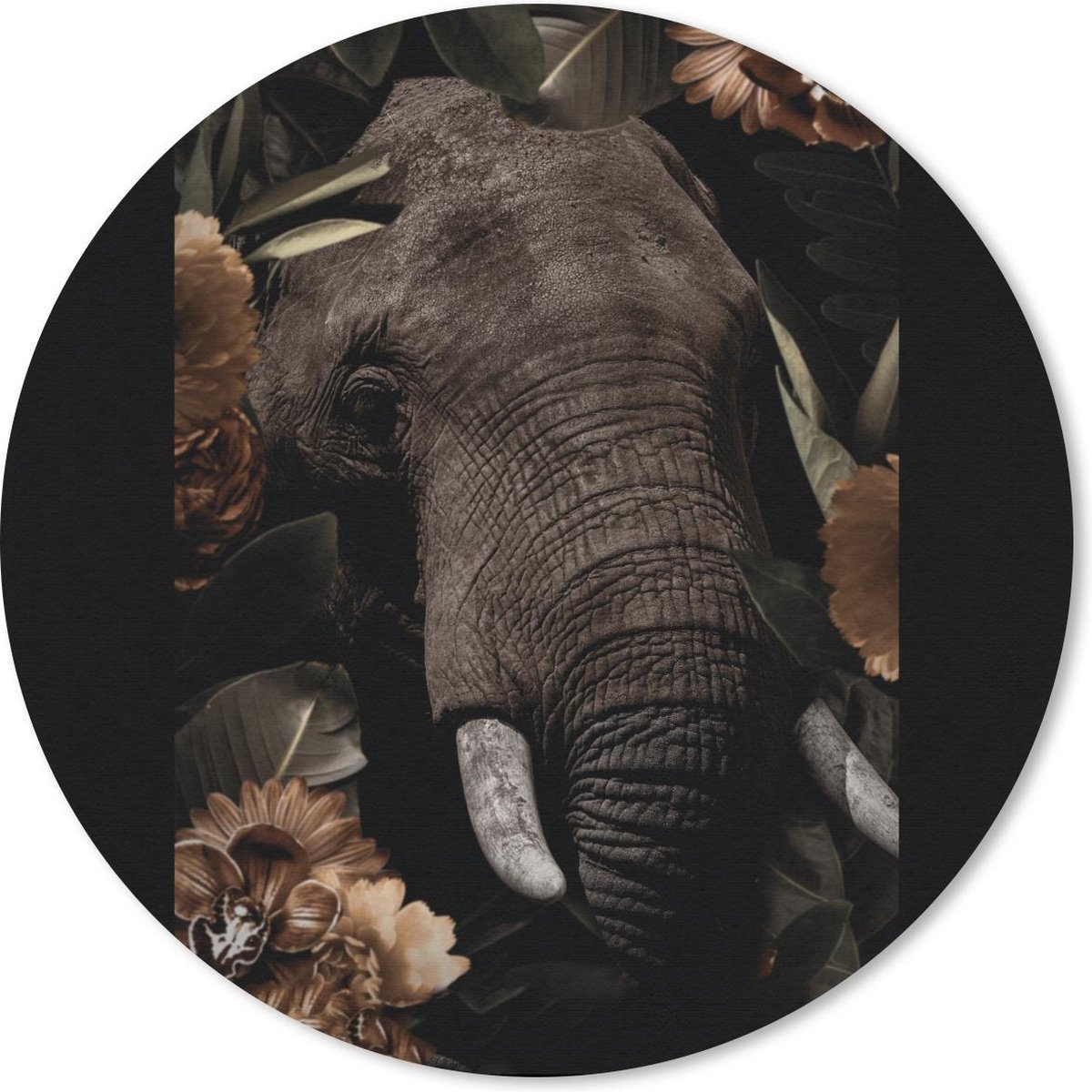 Muismat rond 40x40 cm - Mousepad Olifant - Dieren - Bloemen - Bladeren - Ronde muismatten