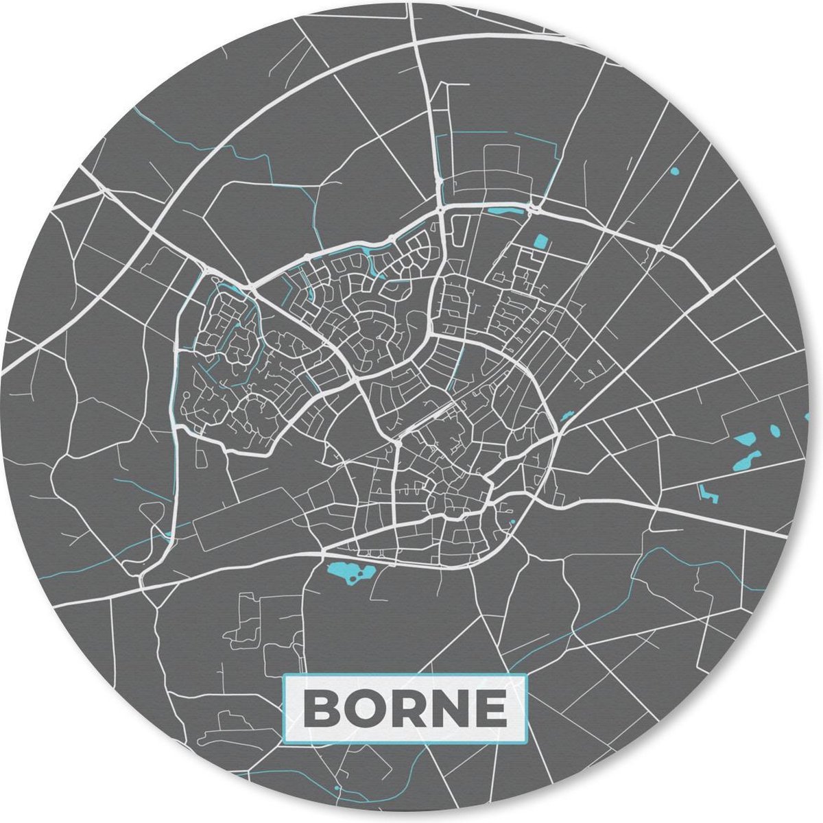Muismat rond 40x40 cm - Mousepad Plattegrond - Borne - Grijs - Blauw - Ronde muismatten - Stadskaart